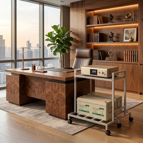 Image of Inverter Trolley for Home 2-Tier Double Battery Stand with Wheels - Heavy Duty White Metal UPS Trolley for Inverter & Battery Storage, Durable & Space-Saving Design (Silver)