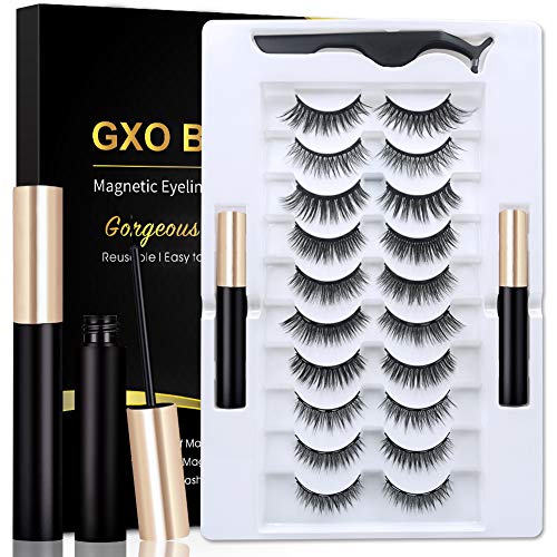 Reusable Magnetic Eyelashes with Eyeliner Kit,2 Tubes of Magnetic Eyeliner & 10 Pairs Natural Look False Lashes - No Glue Needed, Waterproof Liquid Eye Liner