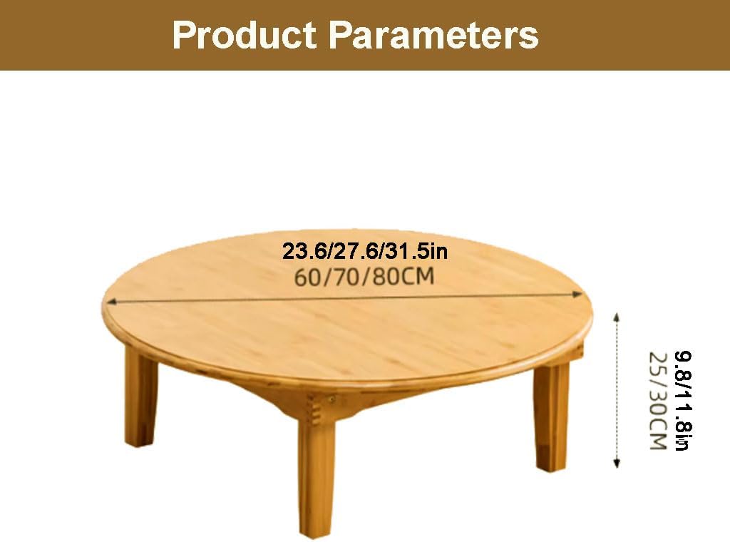 Round Japanese Style Small Table with Foldable Legs - Bamboo Coffee Low Table for Drinking Tea, Bay Window, Tatami, Outdoor, Bed Computer Dining Kang Floor (31.5 * 11.8in)