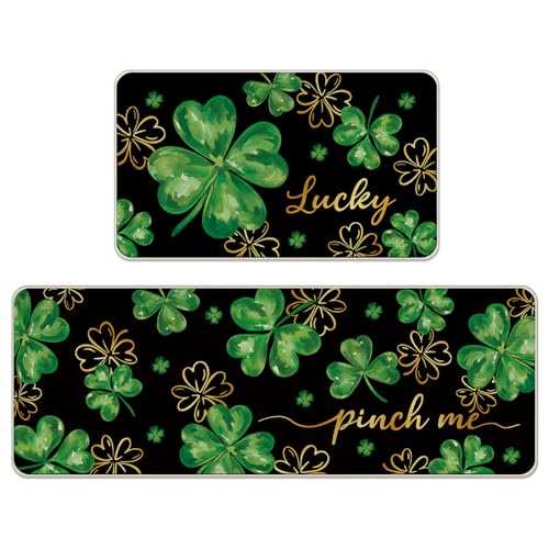 Tailus Juego de 2 alfombras de cocina con trébol de la suerte del Día de San Patricio, diseño de trébol negro y dorado Pinch Me para decoración del hogar, 17 x 29 y 17 x 47 pulgadas