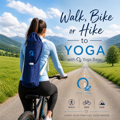 Image of O2 Yoga Mat Bag | Basic Style Cotton Yoga Mat Carry Bag with Adjustable Double Straps | Bottle Holder & Zipper Pocket | Yoga Mat Cover Bag for Women & Men | Fits 2mm-10mm Mats - Midnight Blue
