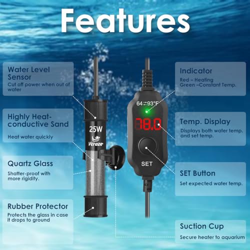 Image of 25W Compact Aquarium Heater for 3-5 Gallon Tanks | Super Short Submersible Fish Tank Heater with LED Digital Thermostat, Dry-Run & Overheat Protection, Memory Function