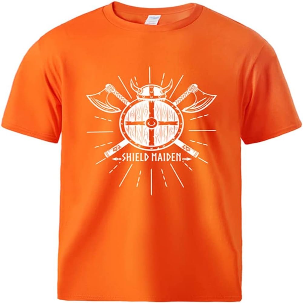 Norse Mythology Battle Ax Men's T-Shirt, 3D Viking Classic Print Summer Breathable Short Sleeves, Birthday Gift Ideas for Family and Friends. Orange