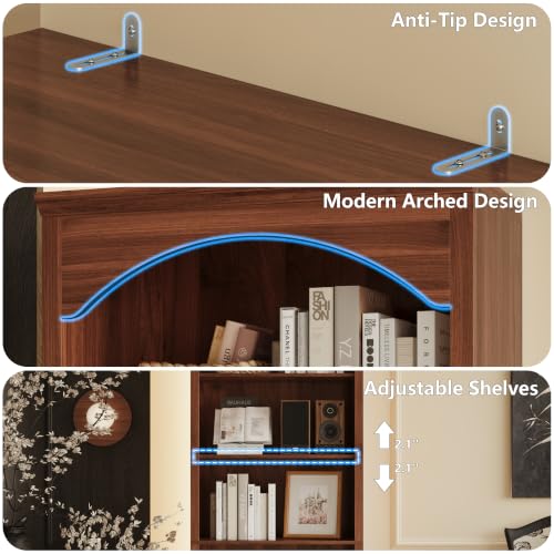 Image of 71 inch H Tall Bookshelf & Bookcase, Arched Book Shelf with 5-Tier Open Shelves, Walnut