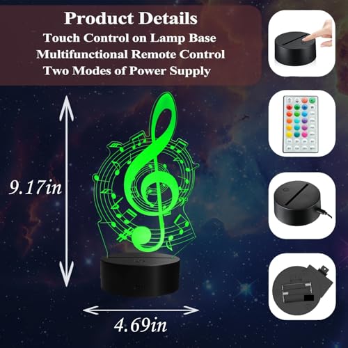 Image of Music Note Gifts, 3D Illusion Lamp, 3D Music Night Light with 16 Colors Remote and Touch Control, Timer, Dimmable and 4 Flash Modes, Music Note Decor for Kids Room, Girls Birthday Gifts