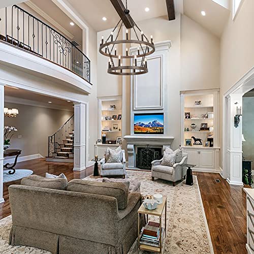 Wellmet Two Tiered Wagon Wheel Chandelier, Large Farmhouse Round Pendant Light Fixture Industrial Chandelier Lighting, H43.3 X D38 With Adjustable Chain #TOP3