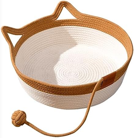 Panbo Hand Woven Cat Bed with Toy Tail, Kitten Shaped House Natural Cotton Linen Cat Scratch pad, Breathable and Odorless Indoor Puppy Bed Mat – Brown S