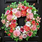 Spring Wreaths for Front Door Outside– 24 Inch Spring Door Wreath with Artificial Dahlia,Chrysanthemum,Rose and Anemone Floral Wreath with Greenery,Colorful Welcome Summer Wreaths for Front Door