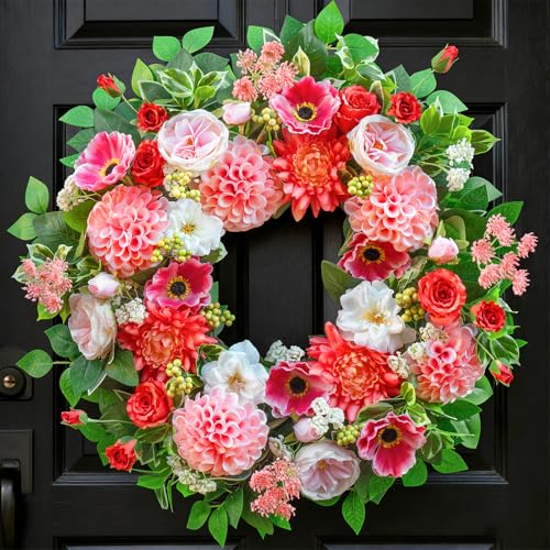 Spring and Summer Wreath for Front Door, Artificial Dahlia, Chrysanthemum,