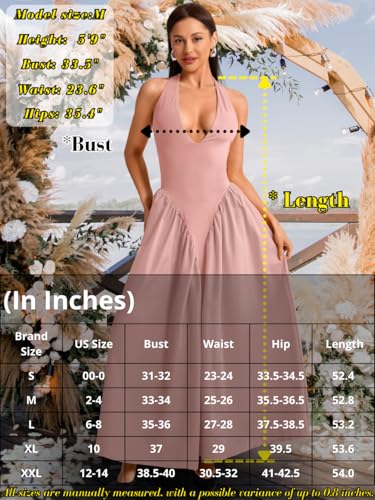 Image of ChiaoLezhee Deep V Neck Dress, Halter Maxi Dresses, Vacation Date Night, Sexy for Women Corset Flowy Wedding Guest Drop Waist