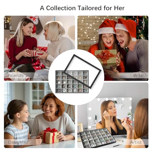Image of Wudygirl Jewelry Organizer 30 Grid Jewelry Tray with Lid Earring Holder Organizer for Women Ring Earring Bracelet Holder Storage (Pu Black Gray)