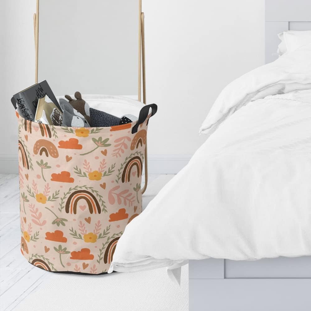 Pink Boho Mid Century Laundry Basket Freestanding Laundry Hamper Abstract Rainbow Flower Leaf Cute Nursery Room Decor Clothes Toys Hamper Storage Baby Laundry Basket Waterpoof 19.7"x15.7"