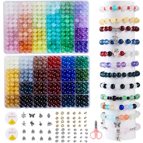 10MM 800PCS+ Glass Beads Bracelet Making Kit，48 Colors Crystal Beads for Jewelry Making，Round Beads with Accessories Craft DIY Suitable for Girls Teens Birthday Party