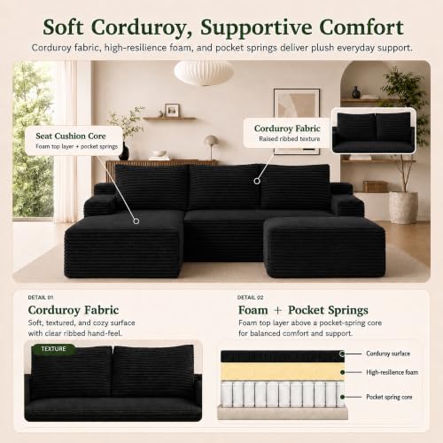 Image of Boneless Couch, Modular Sectional Couches for Living Room, U-Shaped Cloud Couch Sofa with Deep Seat, Fluffy Corduroy Upholstered Corner Sofa(96 inch Black Left,U Shaped)