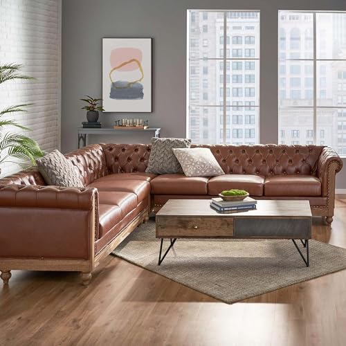 Image of Merax PU Chesterfield Sofa, Retro Style Upholstered 6 Seater Leather Rolled Arm Couch for Living Room Bedroom Office, Light Brown