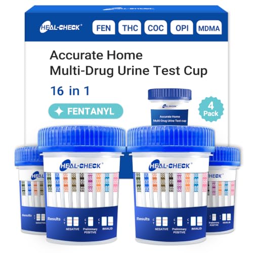 4 Pack 16 Panel Multi Drug Urine Test Kit HEAL-CHECK Urine Drug Test Cup for Home or Workplace Screens for Fen (Fentanyl) THC AMP BUP BAR BZO COC MET MDMA OPI MTD OXY PCP PPX TCA TML