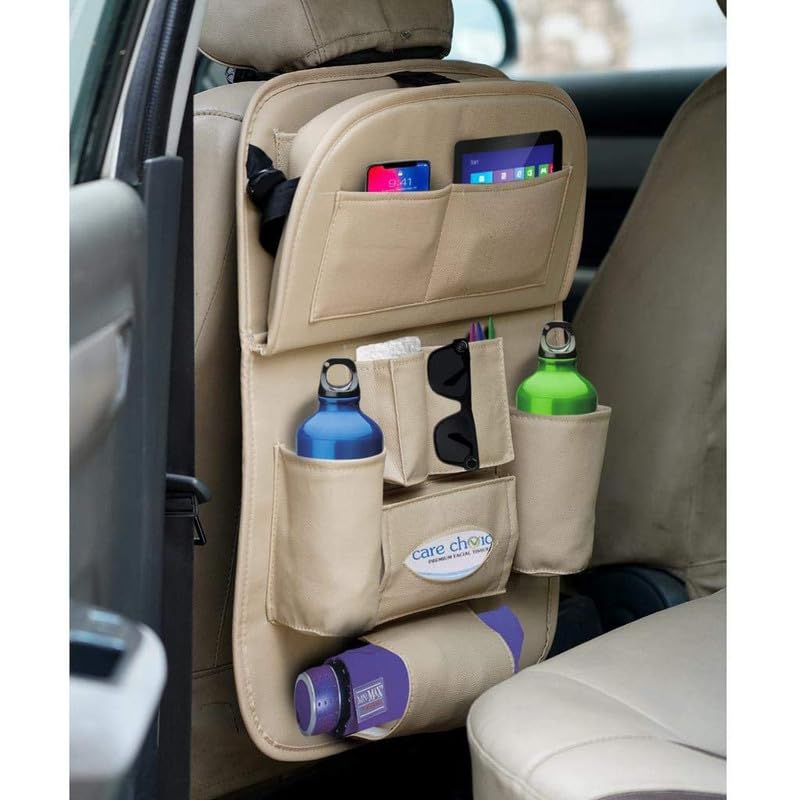Car Backseat Storage Organizer Phone Holder,Multi-Pocket for Bottles, Tissue Boxes,Kids Toy Storage and Great Travel Accessory (BEIGE) 2