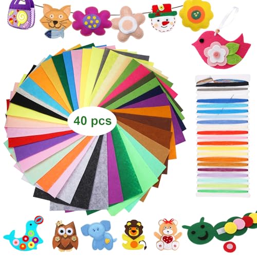 40 Hojas de Fieltro para Manualidades, Fieltro Colores 20x30 cm, Hilo de Bordar de 21 Colores, Hojas de Fieltro de Color, Fieltro Hojas de Tela de Patchwork para Costura, Artesanías y Decoraciones