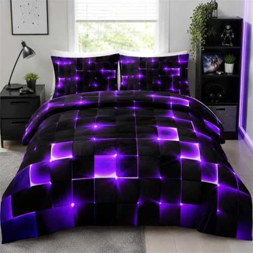 Image of Tabeskly Boys Kids Geometric Square Bedding Geometry Lattice Double Duvet Cover Sets with Zipper Black Neon Purple 200x200 CM