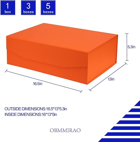 Miniatura 6 de 3 cajas de regalo extragrandes naranjas con tapa, 16.5 x 13 x 5 pulgadas, cajas de regalo magnéticas duras para regalos, almacenamiento de cajas de