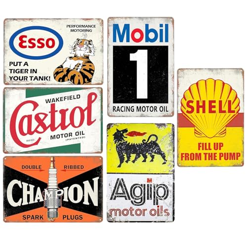 Rongxze Set di 6 targhe in metallo vintage (20 x 30 cm) – Decorazione da parete retrò per garage, officina, bar | Classica arte da parete automobilistica (Stile di colore 2)