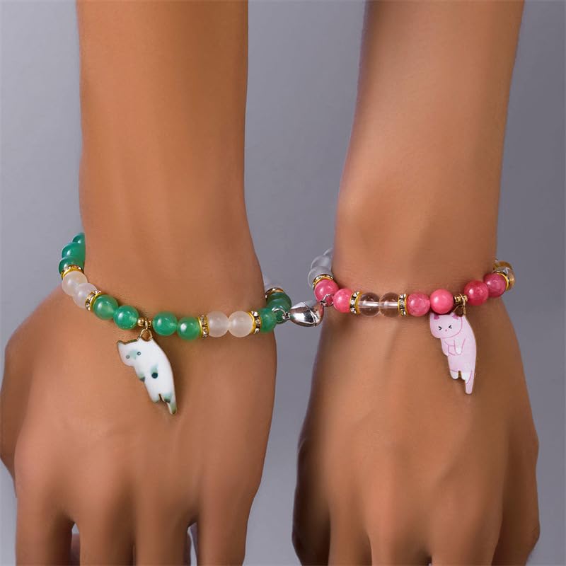 Fuqimanman2020 2 Pcs Cat Bracelet Cute Cat Kawaii Kitten Bead Bracelet Couple Matching Animal Charm Bracelets BFF Friendship Bracelet2