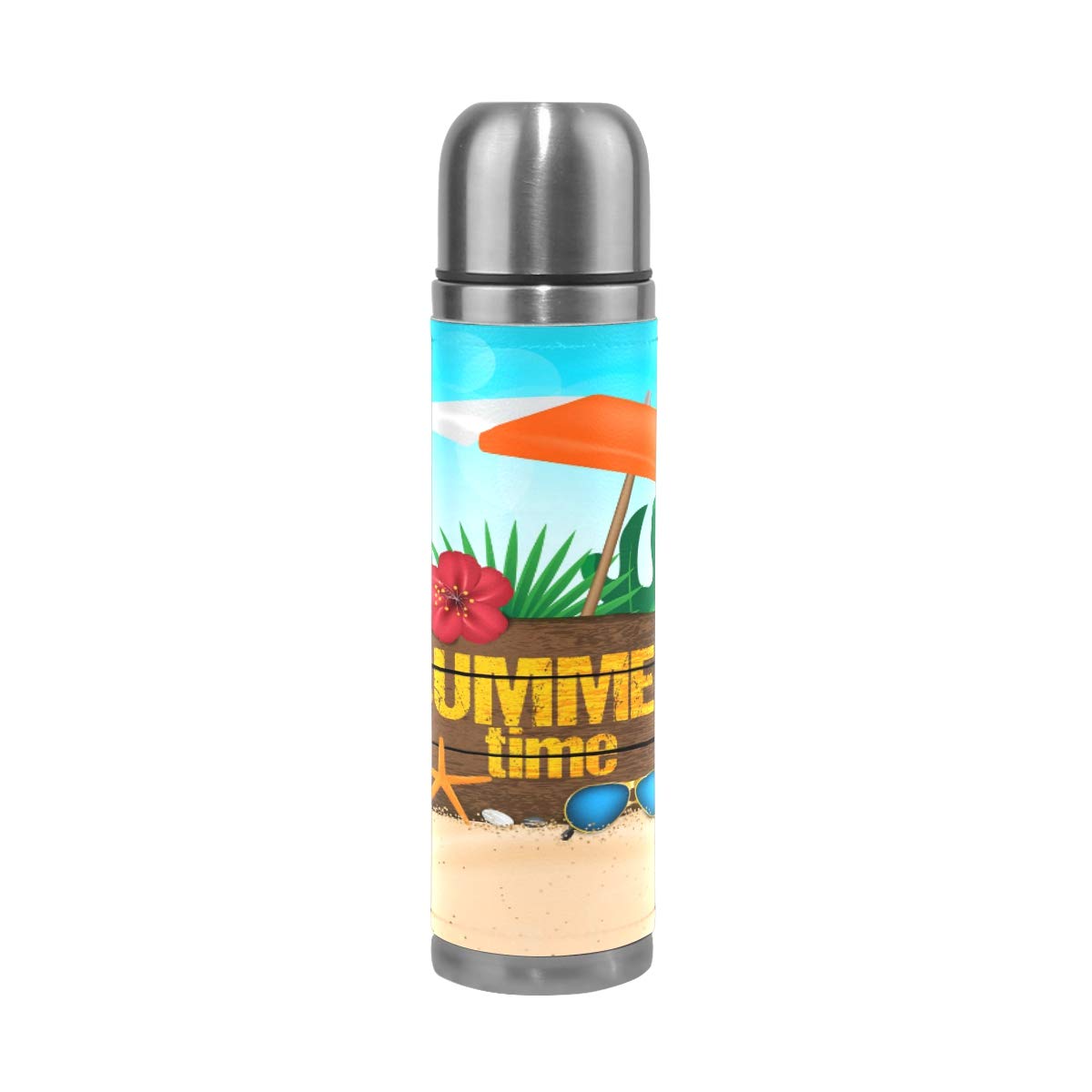 Thermosflasche, Vakuum-isoliert, Edelstahl, doppelwandig, auslaufsicher, Sommer-Motiv, personalisierbar, bedruckt, echtes Leder, 500 ml