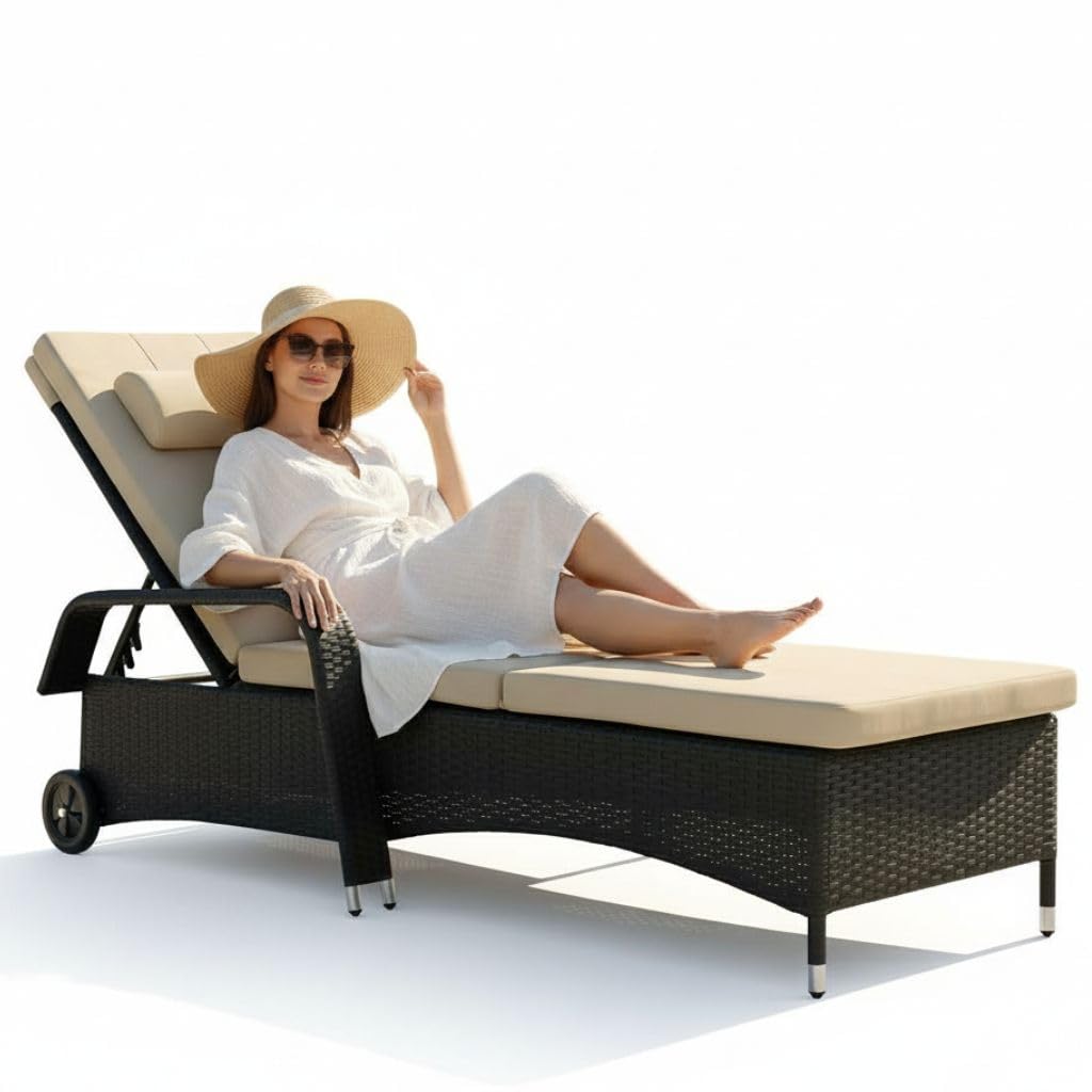 Mucola Sonnenliege mit Rollen Polyrattan – wetterfeste Rattanliege mit Verstellbarer Rückenlehne, Rollliege für Garten, Balkon & Terrasse – pflegeleicht, UV-beständig, mehrfach verstellbar