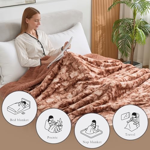 CHOSHOME Sherpa Fleece Blanket- Thick Warm Blanket for Winter, Soft Fuzzy Plush Blanket for Bed, Couch, Travel (Tie Dye Brown, Queen 90" x 90")