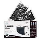 WeCare Individually Wrapped Disposable Face Masks - 50 Pack, Black -Soft on Skin - 3 Ply Protectors with Elastic Earloops - Latex Free, Non Woven, Single Use - Effective Filtration - Retail Packaging