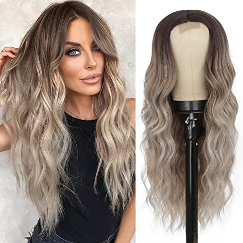 N NAYASA Long Wavy Synthetic Wig 24Inch Ombre Ash Blonde Wigs for...