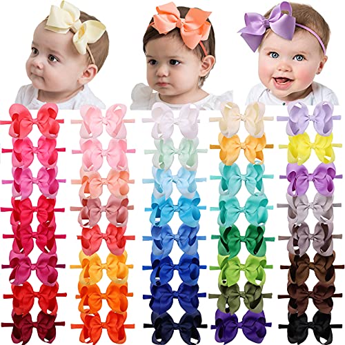 40 Colors Baby Girls Nylon Headbands 4Inch Grosgrain Ribbon Hair Bows Elastics Soft Nylon Hairbands Hair Accessories for Newborns Infants Toddlers Kids