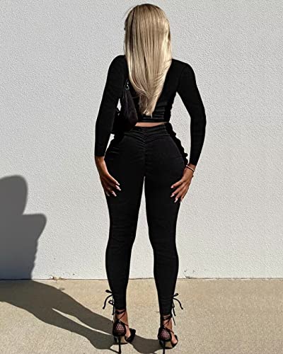 Track Suits For Women Set - Lounge Sets For Women 2 Piece Outfits Long Sleeve Casual Ribbed Crop Tops Zipper Ruched Bodycon Long Pants Set Sweatsuits Joggers Sports Tracksuit Workout Sets Black, Xl #TOP2