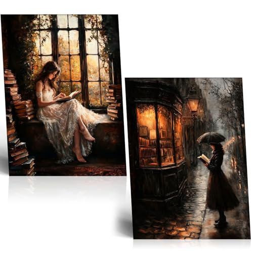 Image of NCYEL 2Pcs Dark Academy Canvas Wall Art Painting Book Reading Print Vintage Style Drawing Gothic Poster Girl Street Scene Picture Library Study Bedroom Decor Literature Gallery 12x16 Inch Unframed