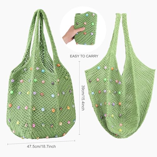 Image of Crochet Tote Bag for Women Mesh Summer Beach Bag Large Knitted Bag Woven Shoulder Handbag Vacation Aesthetic Hobo Bag Travel