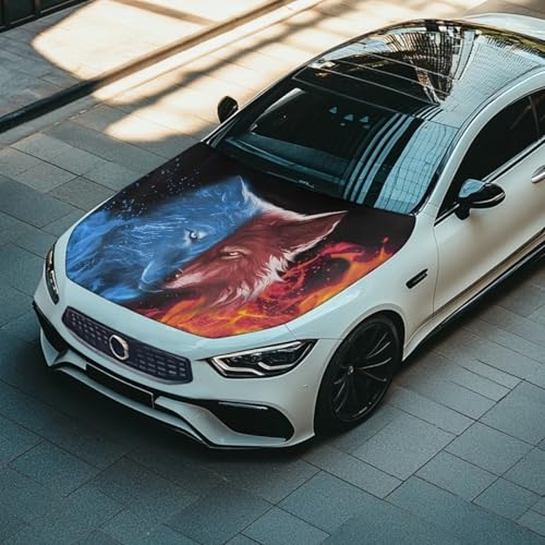 Image of Water Fire Wolf Car Hood Cover Polyester Elastic Fabrics Can be Washed Suitable for Large SUV and Pickup Trucks