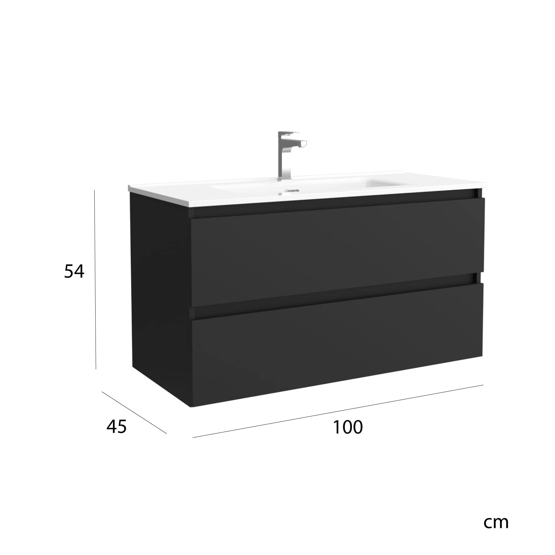 Mueble de baño Bequia 100 cm con Lavabo 100% montado de fábrica | Acabado Negro Mate suspendido 2 cajones Cierre amortiguado Apertura con uñero | Lavabo Porcelana Blanca | Marca Salgar
