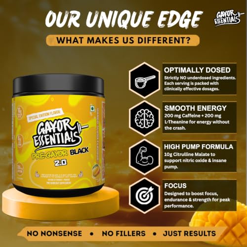 Image of Gayor Essentials Pre gayor black 2.0 Pre Workout High Stim Energy, Focus & Muscle Pump, 200mg Caffeine, 10g Citrulline Malate, 6g Beta Alanine, L-Theanine Performance Formula (Mango Slush, 338g)