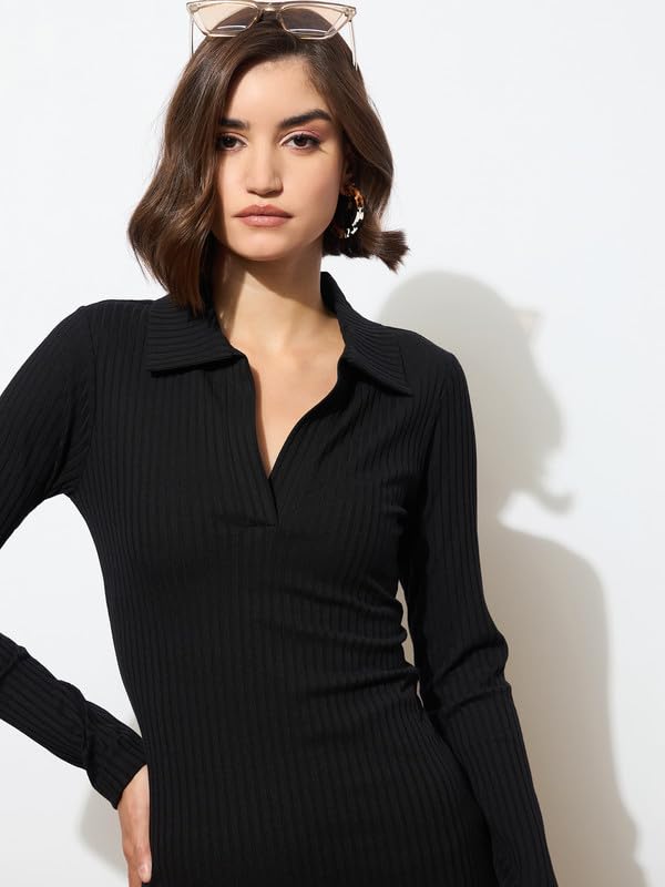 Image of barcino Black Rib Polo Neck Bodycon Midi Dress