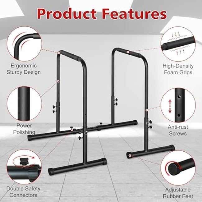 Dip Stand Station, Adjustable Height Dip Station for Strength Training, Heavy Duty Steel Parallel Push Up Stand, Home Gym Fitness Workout Dip bar Station,Tricep Dips, Pull-Ups, Push-Ups