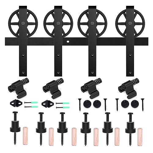 Kit de herrajes para puerta de granero resistente, suave y silencioso, kit de herrajes para puerta de granero corrediza para panel de puerta doble, fácil de instalar con rodillos en J de rueda grande