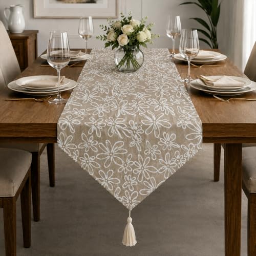 Image of STITCHNEST 'Nomad Weave Collection' Jacquard Table Runner 13x60 Inches| Tassel Finish | Modern Dining Table Decor