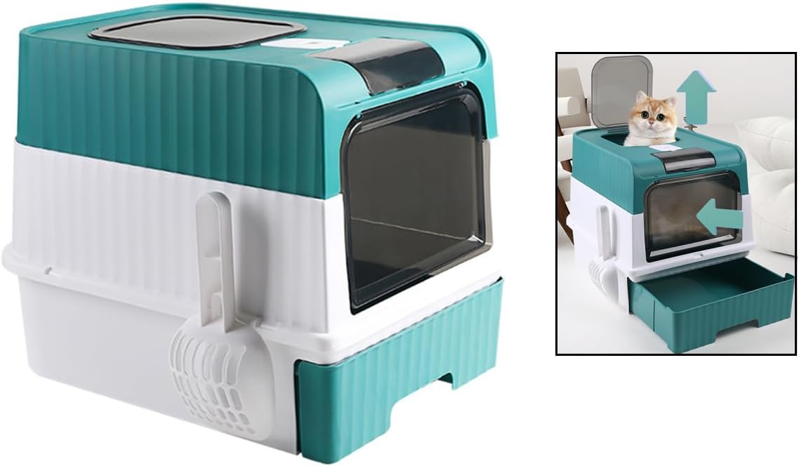 Large Cat Litter Box 49x35x37cm w/Scoop,Drawer Bottom Easy Cleaning,Odor Resistant,Flip-top Lid,Detachable Housebreaking Enclosure Supplies,Multiple Indoor Cats Kitty Kitten (Blue)