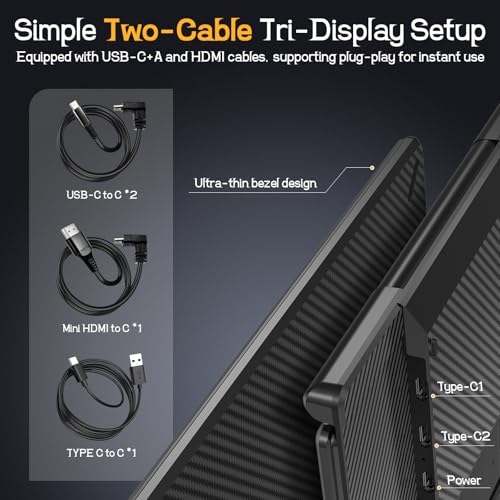 Image of Laptop Screen Extender, 14'' FHD 1080P Ultra-Slim Triple Portable Monitor for Laptops, Two Cable USB-C Travel Monitor Extender Plug & Play for 13 inch-17 inch Laptop, Compatible with Wins /Mac /Android /Chrome