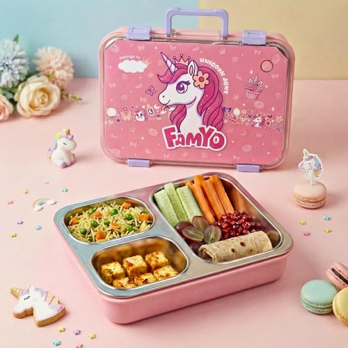 Image of Famyo Bento Lunch Box for Kids, June Unicorn | Leakproof, Stainless Steel, 3 Compartment, 4 Clip Lock & Secret Compartment, BPA Free