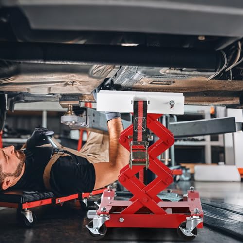 Image of Garvee Transmission Jack 450 LBS Capacity: Low Profile Lift with 2M Safety Straps & 4 Brake Wheels, 7-23 Inch Range for Car & Truck Repair (Red)