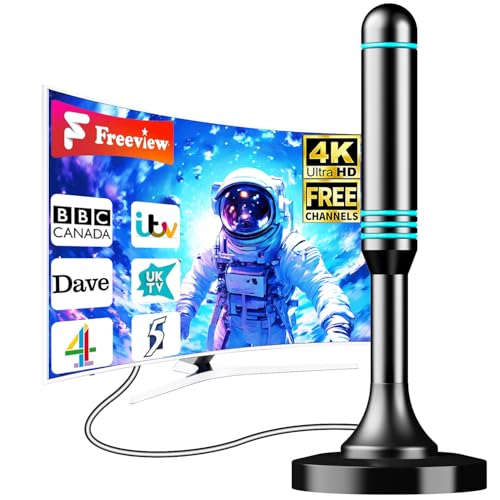 2025 Indoor TV Aerial – Long Range Freeview Aerial with 360° Signal Reception, Magnetic Base, 4K & Full HD Support, Easy Install for Smart & Older TVs, 16.5ft Cable
