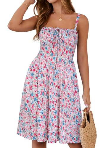 Image of YATHON Summer Mini Corset Sun Dress for Women Short Casual Square Neck Lace Up Floral Beach Vacation Dresses with Pockets