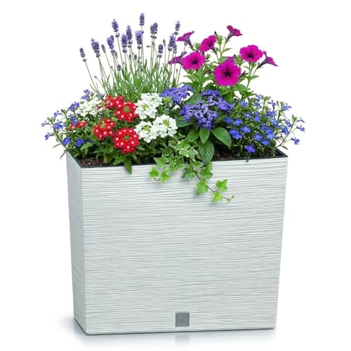 Macetero color blanco, con depósito, colección FURU, de 58 x 18 x 49,8 cm, capacidad de 12 L.