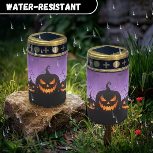 Image of Poceacles Outdoor Solar Powered Cemetery Lights Grave Outdoor Stake Lights Garden Solar Lantern Flameless Candles Halloween Garden Decoration, Pumpkin Bat Print Violet